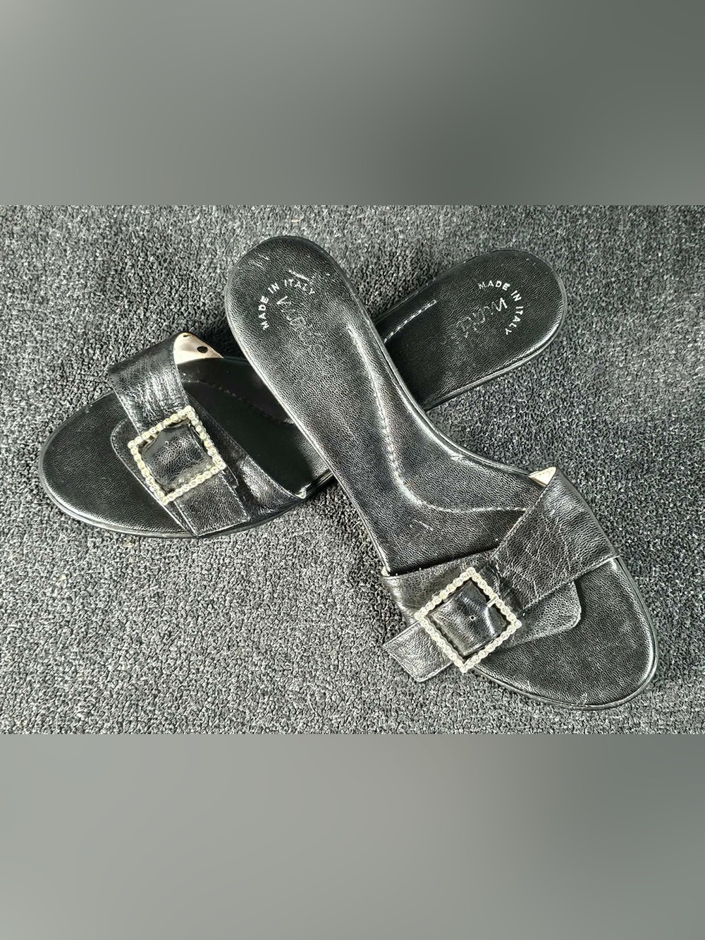 Black Slide Sandals with Crystal Buckle Detail - Made in Italy